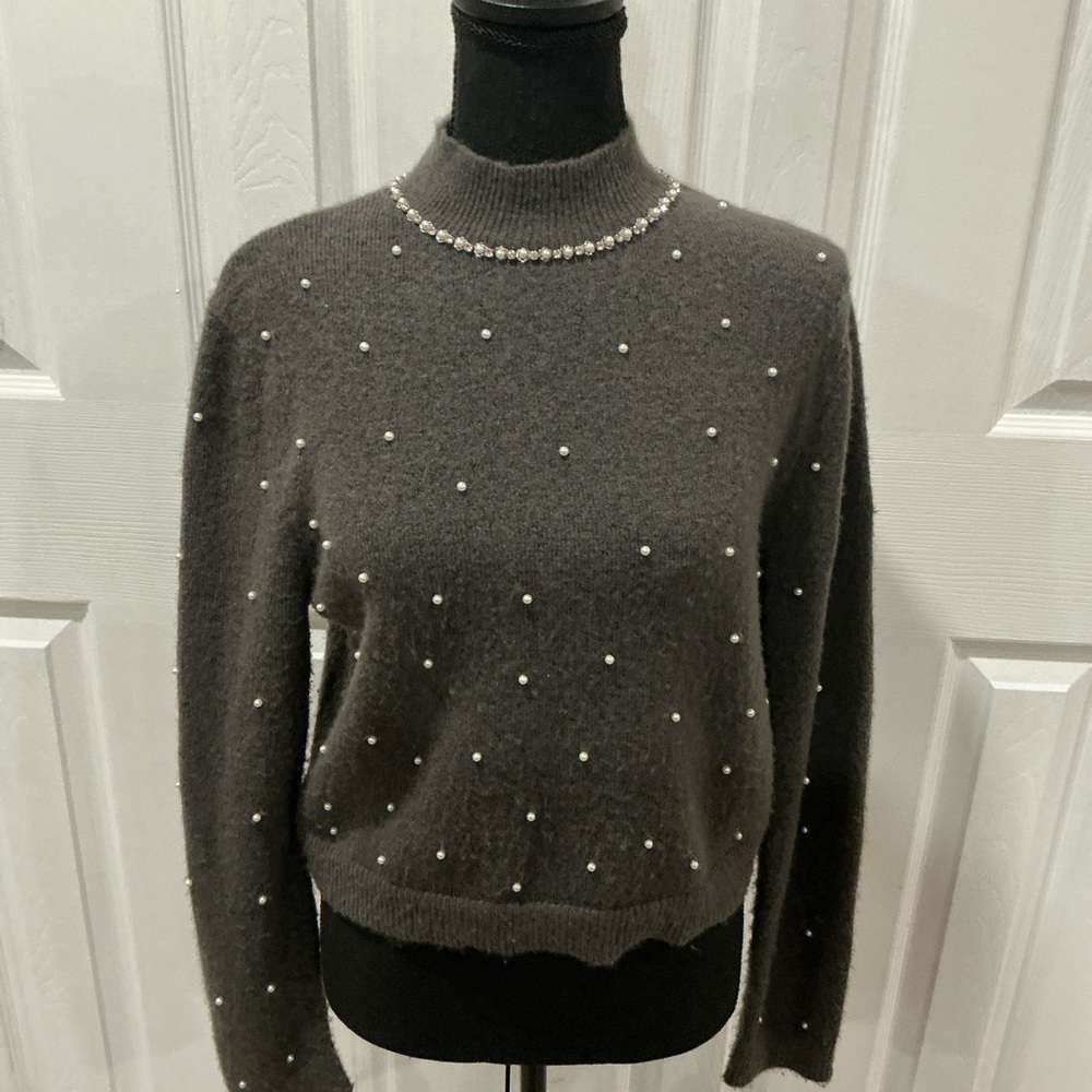 ZARA  Womens Gray Sweater with Pearl Details size M - Picture 2 of 5